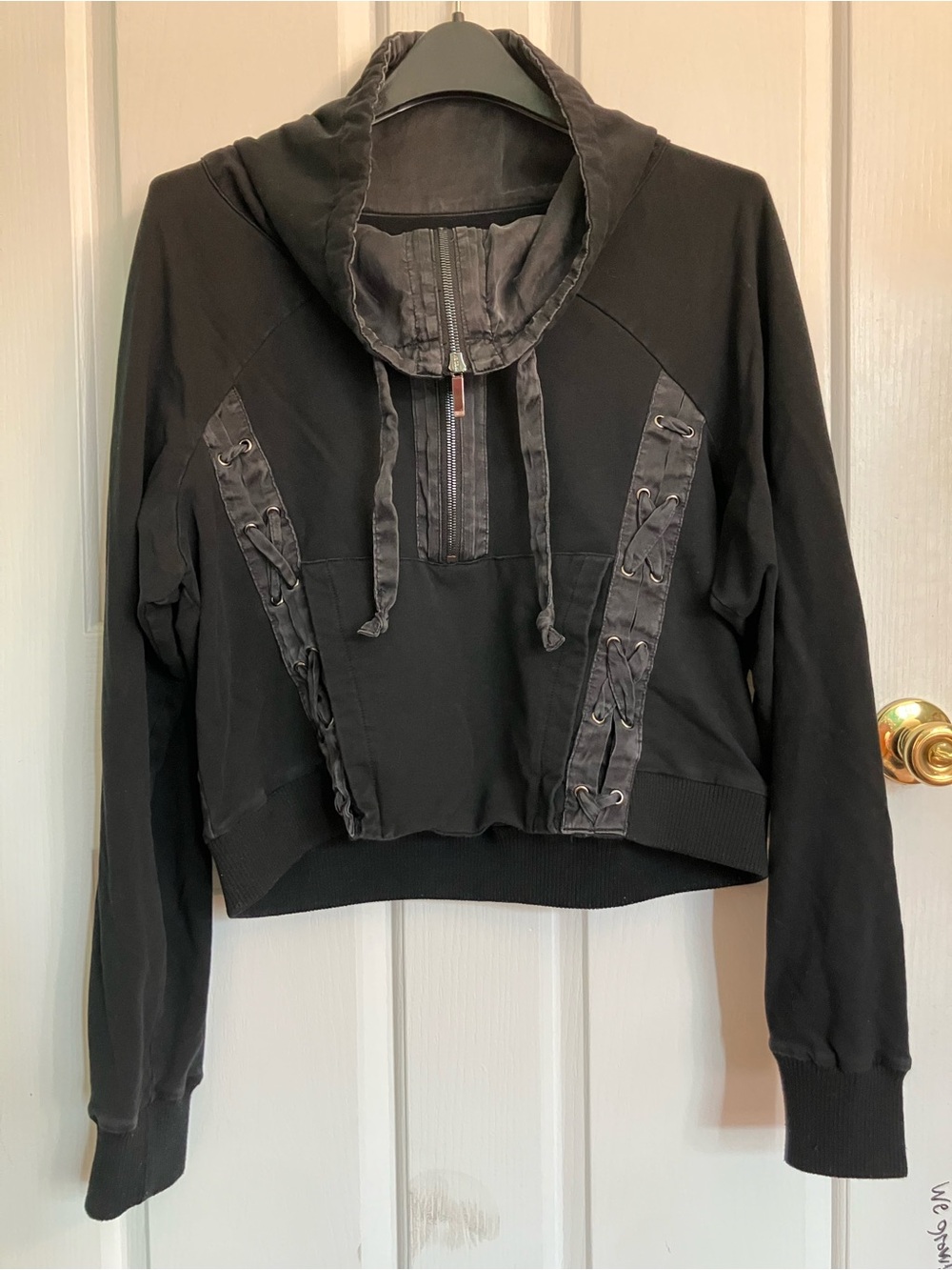 True Religion Black Lace-Up Funnel Neck Pullover Hoodie